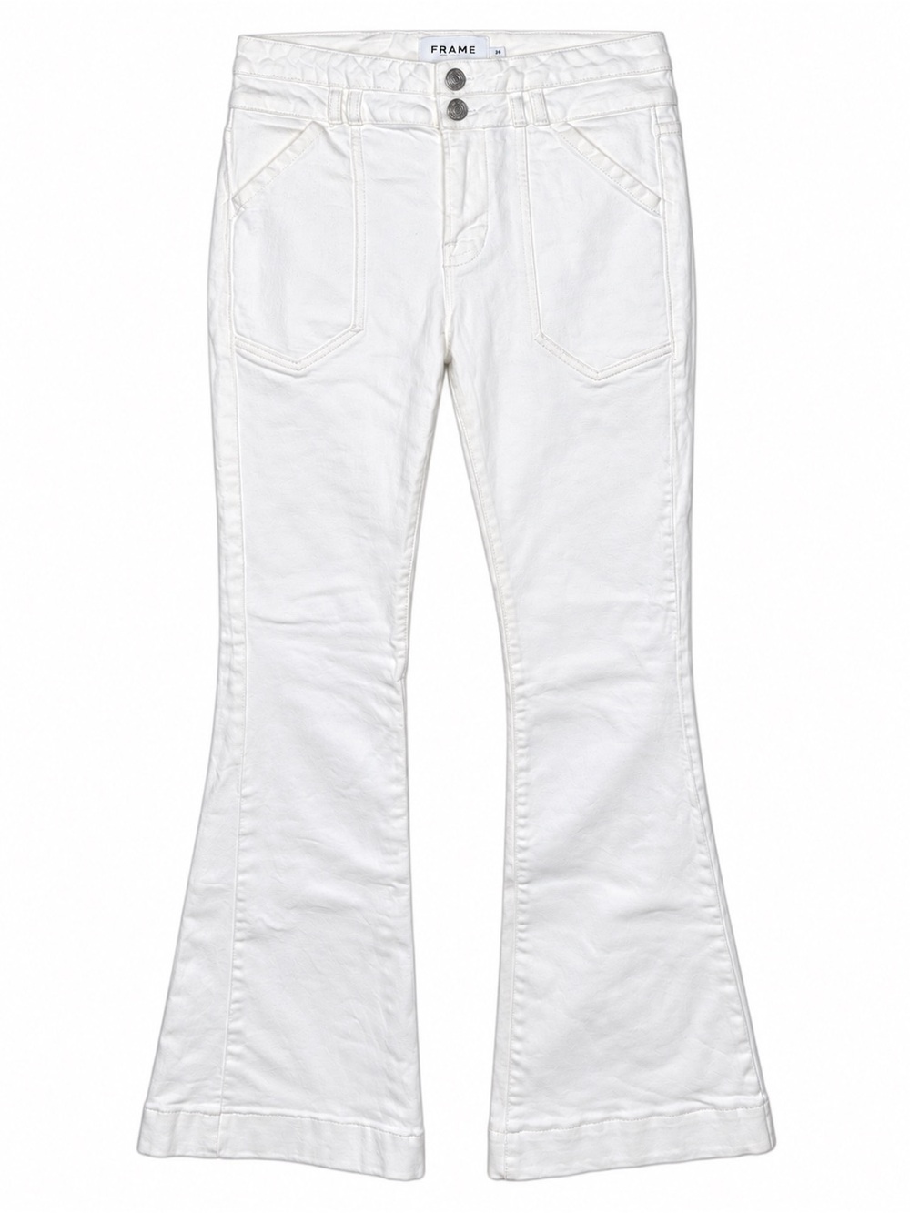 FRAME Double Button Pocket Flare Jeans 26 White High Rise 70s Quiet Luxury Denim